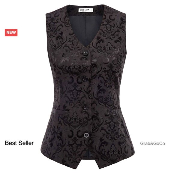 Jackets & Blazers - Vintage Steampunk Jacquard Waistcoat Vest Sleeveless Button Up Elegant Chic